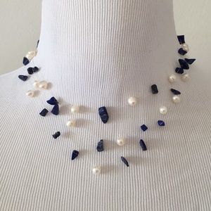 Blue stone and freshwater pearl illusion necklace